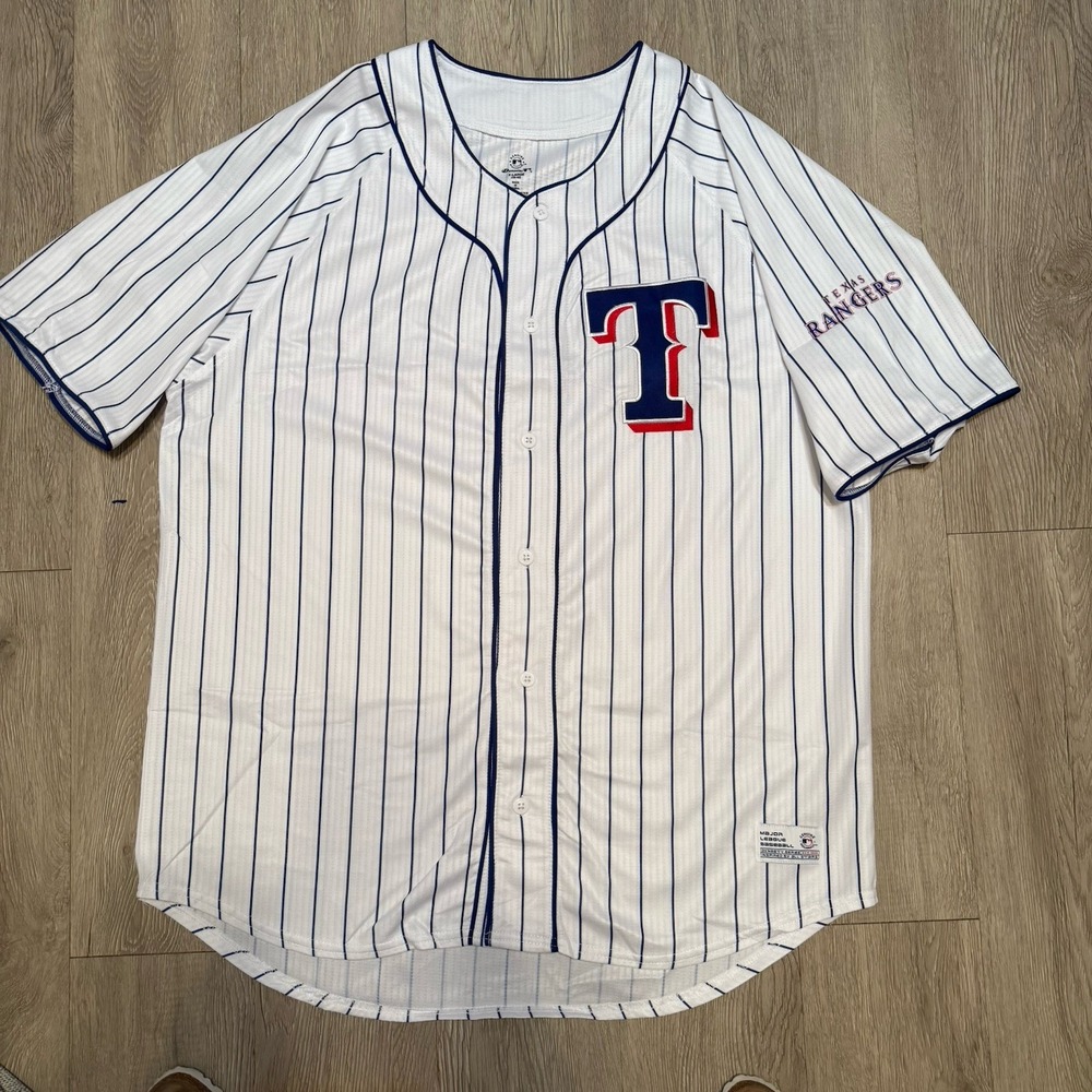 SOLD Texas Rangers Dynasty Baseball Jersey Men White Stripe Button Short Slee‎